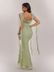 SHEIN Tall Elegant V-Neck, Draped, Ruffle-Trimmed, Slim-Fit A-Line Maxi Dress For Tall Women. - Green - View 2