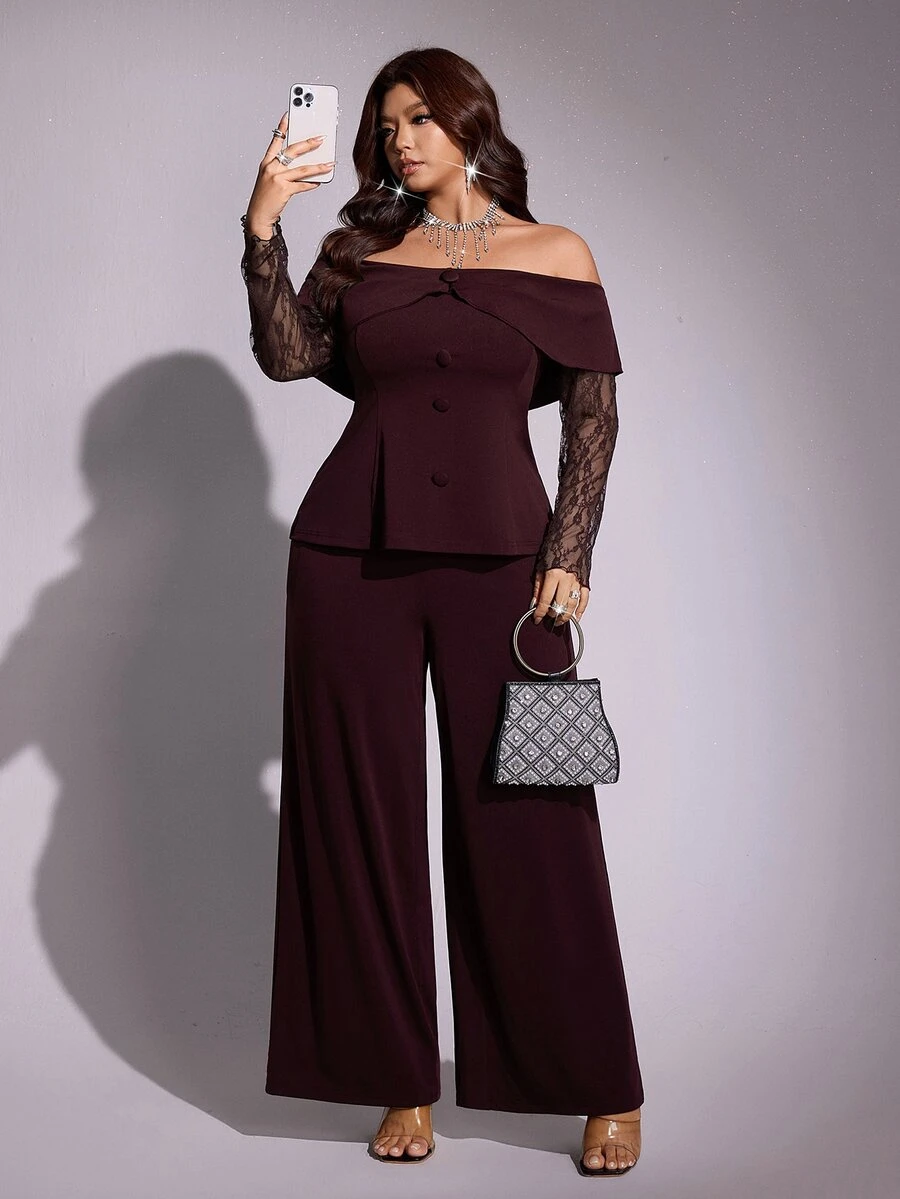 Viva Relle Setelan 2 Potong Wanita Ukuran Plus Vintage Merah Cokelat dengan Patchwork Renda, Atasan Pendek Berkerah Kancing Tunggal dengan Lengan Berumbai dan Celana Panjang Lebar, Musim Gugur/Dingin - Red Violet - View 1
