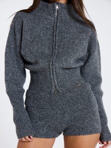 MUSERA Grey Knitted Fold Over Micro Mini Shorts Fall Winter Women Outfit Casual - Dark Grey - View 4
