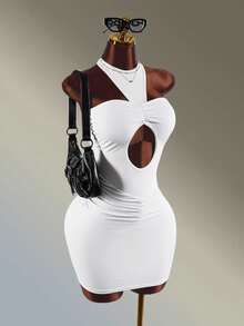 Amplova Women's White Halter Neck Pleated Athletic One-Piece Dress - White - View 3
