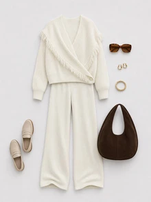 SHEIN Women Loose Fit Double Breasted Fringe Detailed White Cardigan And Sweater Pant Knit 2pcs Set - White - View 3