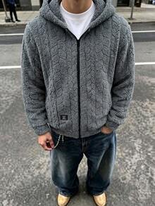 SHEIN 青少年男孩休閒灰色毛絨拉鍊連帽外套，小麥紋理設計，適合秋冬保暖穿著上學 - 灰色 - 查看 6
