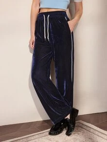 Nima Coro Women's Striped Colorblock Drawstring Waist Pocket Sweatpants - Navy Blue - View 1