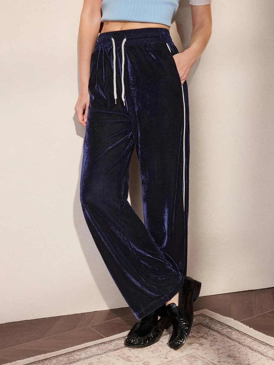 Nima Coro Women's Striped Colorblock Drawstring Waist Pocket Sweatpants - Navy Blue - View 1