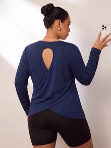 Easithlete Plus Size Women Solid Color Back Cutout Crew Neck Sweatshirt - Navy Blue - View 6