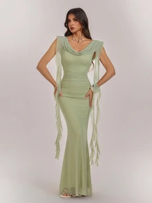 SHEIN Tall Elegant V-Neck, Draped, Ruffle-Trimmed, Slim-Fit A-Line Maxi Dress For Tall Women. - Green - View 4