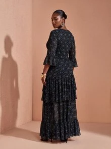 JIAN LASALA Black All-Over Print Mesh V Neck Layered Flared Sleeve Women Boho Plus Size Dress Vacation - Multicolor - View 2