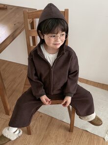 DAZY Baby Girl Solid Color Zip-Up Hoodie And Pants Casual Daily Set - Coffee Brown - View 5