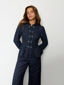 Nöista Navy Blue Geometric Jacquard Chinese Top, Slim Fit, Ruffled , Elegant, Parties Banquets.Fall/Winter,Going Out,Chic.Classic,Casual - Navy Blue - View 4