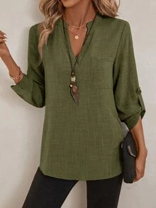 EMERY ROSE Women's Spring All-Over Print Notch Collar 3/4 Sleeve Work Shirt - Dark Green - View 4