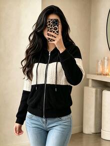 Yalmera Women's Autumn/Winter New Casual Basic Textured Fabric Colorblock Hooded Jacket - Black - View 4