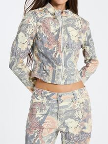 MUSERA Multicolour Print Denim Zip Up Long Sleeve Jacket Fall Winter Halloween Sexy Going Out Y2k - Multicolor - View 5