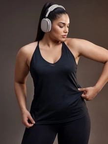 Powerista Women's Plus Size Backless Racerback Loose Black Jacquard Fabric Sports Tank Top - Black - View 3
