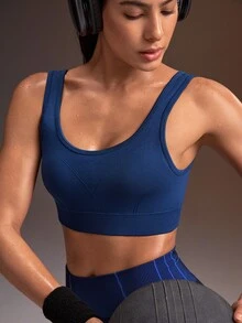 Powerista حمالة صدر رياضية نسائية بلون موحد بتصميم بسيط - أزرق بحري - مشاهدة 3