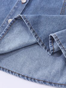 Girls' Denim Dress, Washed Light Blue, Sweet Girly Style, Classic Collar And Metal Button Design, Pink Bow On Chest For Playful Touch, Comfortable A-Line Fit, Suitable For Spring And Autumn - Light Wash - View 6