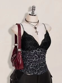 SHEIN ICON 大尺碼女款蕾絲拼接豹紋細肩帶背心 - 灰色 - 查看 6