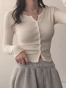 DAZY Women's Fitted Short Long Sleeve Ribbed T-Shirt - White - View 4