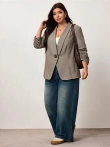 Enliva Plus Size Women's Plaid Blazer Single Button Notched Lapel Ruched Sleeve Office Casual Blazer Flattering Compatible With Apple Shape Rounded Body - Brown - View 4