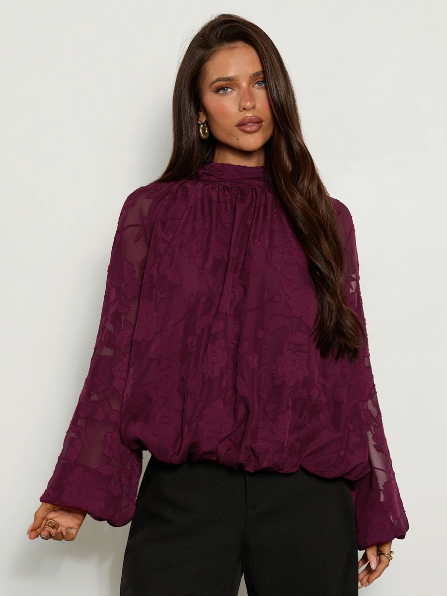 Aloruh Women's Solid Color Minimalist Applique Pattern Shirt, Casual, Suitable For Dating, Vacation, Party, Daily Outings, Gatherings, Outdoor Activities - Burgundy - View 1