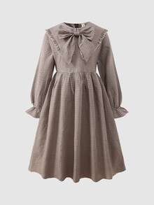 Tween Girl Tween Girl Tween Girl Tween Girls Long Sleeve Plaid Cinched Waist Bow Exaggerated Collar Long D - Khaki - View 12