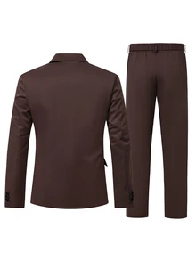 Manfinity Mode Setelan Jas Pria Lengan Panjang dan Celana Panjang Warna Polos Mewah untuk Bisnis, 2 Potong - Coklat - View 2