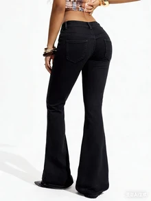 SHEIN PETITE Celana Denim Flare Kasual Serbaguna untuk Wanita - Hitam - View 2