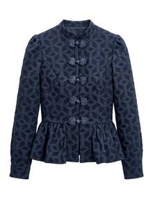 Nöista Navy Blue Geometric Jacquard Chinese Top, Slim Fit, Ruffled , Elegant, Parties Banquets.Fall/Winter,Going Out,Chic.Classic,Casual - Navy Blue - View 8