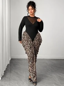 Elenzga Plus Size Women's Autumn/Winter Knit Fitted Dress With Mesh Patchwork And Leopard Print - Multicolor - View 3