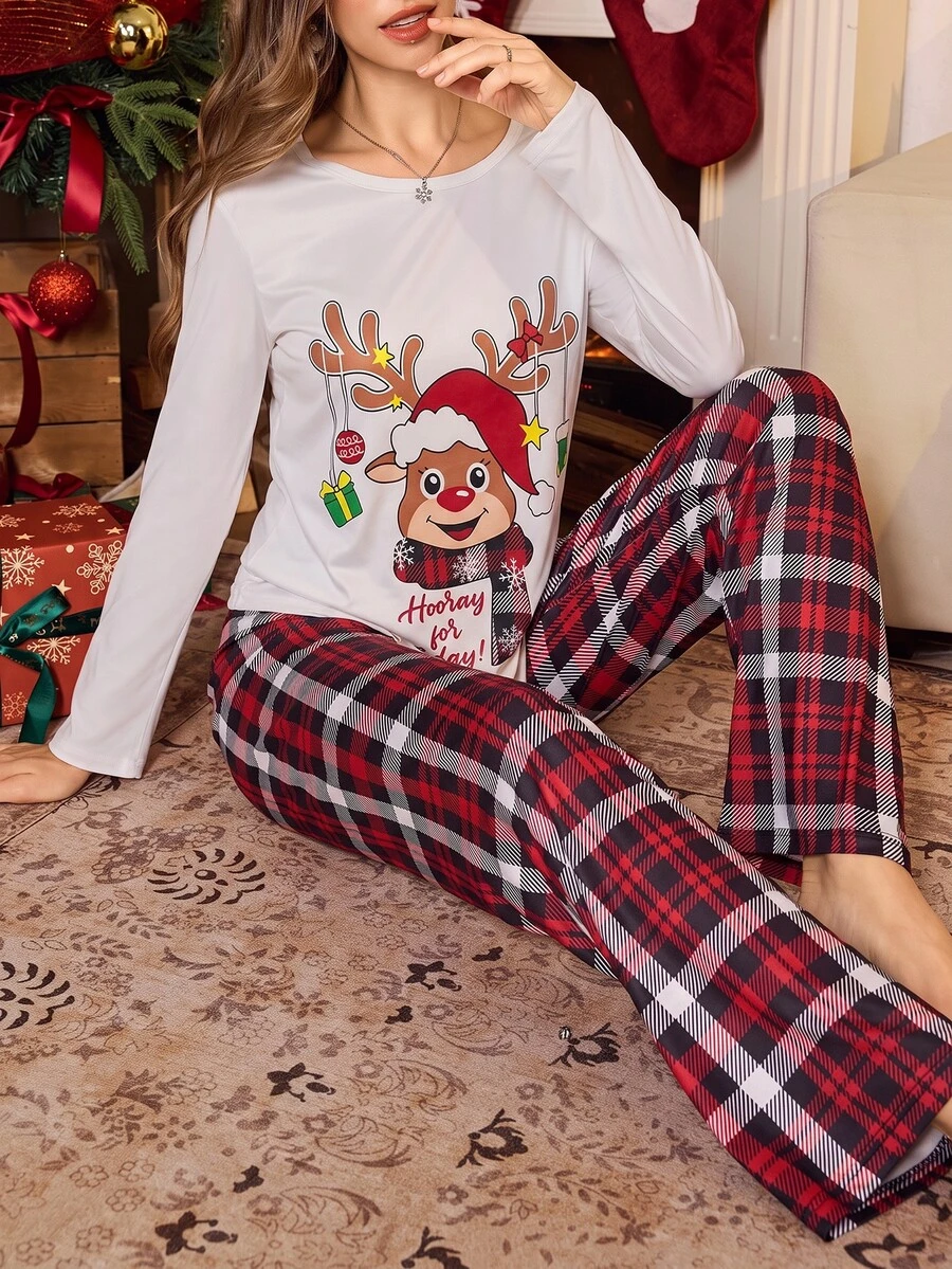 SHEIN Women's Cartoon Print Long Sleeve Top And Pants Casual Daily Home Pajama Set - Multicolor - View 1