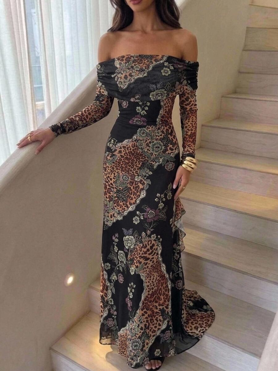 Aloruh Women's Elegant Off-Shoulder Fitted Printed Long Sleeve Dress - Multicolor - View 1