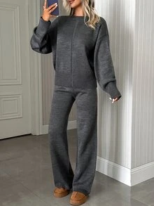 SHEIN Asymmetric Hem Rib Knit Sweater & Wide Leg Pants Two Pieces Knit Lounge Set - Grey - View 5