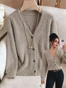 GlowEve Fall Winter Ladies Furry Plush Sweatshirt, VNeck Long Sleeve Button Up Casual Knit Outerwear - Multicolor - View 3