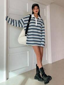 DAZY 女款條紋寬鬆 Polo 領落肩長袖休閒 T 恤 - 藏蓝色 - 查看 4