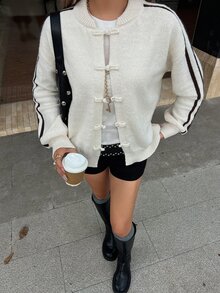 Livesso Women's White Round Neck Button Cable Knit Long Sleeve Slim Fit Ribbed Cardigan, Autumn/Winter - White - View 6