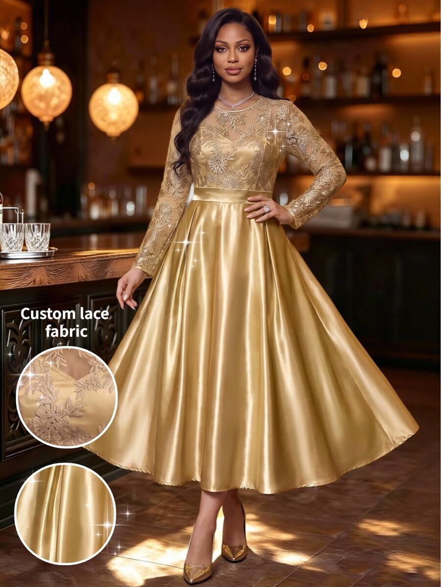Fleurora Plus Size Women's Contrast Lace Round Neck Long Sleeve Elegant Dress - Coffee Brown - View 1