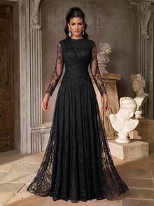 Aureia Elegant Romantic Fashionable Graceful Lace Fabric Cup Pleated Decoration Pleated Hem Super Full Skirt Elegant Party Dress Wedding Guest Dress Bachelorette Party Dress Formal Evening Gown - Black - View 7