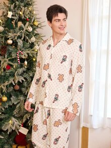CoupledUp Men's Christmas Theme Gingerbread Man & Candy Cane Print Casual Polka Dot Loungewear Set - Multicolor - View 6