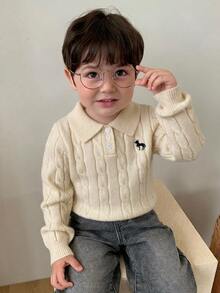 Hapijoa 嬰兒男童圓領麻花編織卡通刺繡長袖純色毛衣 - 白色 - 查看 1