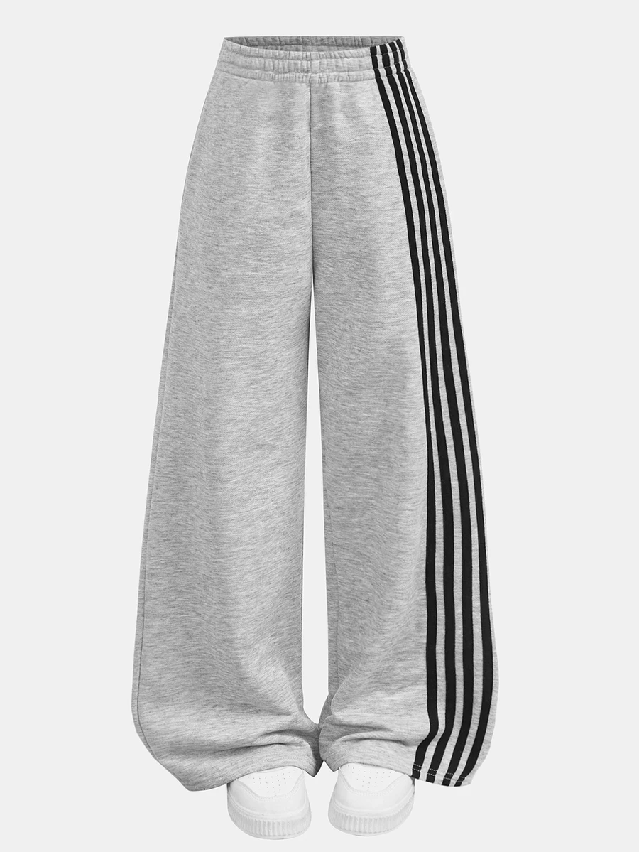 Girlism Kids Tween Girl Tween Girl Tween Girls Knit Light Gray Colorblock Tape Trim American College Style Loose Casual Versatile Pocket Wide Leg Sweatpants - Grey - View 1