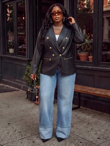Slaydiva Plus Size Faux Leather Biker Blazer, Gold Zipper Double Breasted Lapel Slim Jacket - Black - View 11