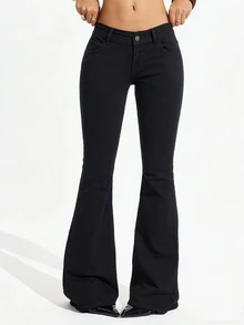 SHEIN PETITE Celana Denim Flare Kasual Serbaguna untuk Wanita - Hitam - View 3