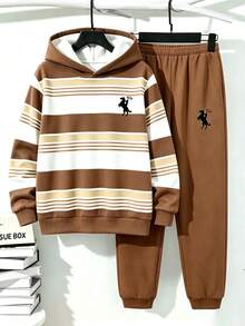 Tween Boys Casual Comfortable Fashion Minimalist Striped Colorblock Hoodie Sweatshirt Set, Suitable For Outdoor Wear And Sports, Autumn/Winter - Multicolor - View 3
