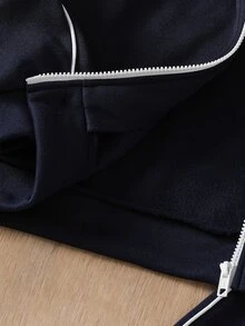 男童休閒時尚極簡風高級丹寧拼接衛衣外套與長褲兩件套，適合秋冬日常穿著 - 藏蓝色 - 查看 4