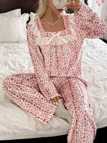 CottageSlumber Women's Velvet Floral & Striped Print Long Sleeve Pants Pajama Set, Lace Patchwork Design, Romantic Casual Style, Suitable For Autumn/Winter - Pink - View 1