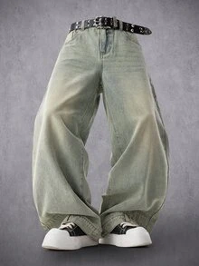 Manfinity Denimwave Men's Loose Wide Leg Light Wash Distressed Denim Jeans - Light Wash - View 1