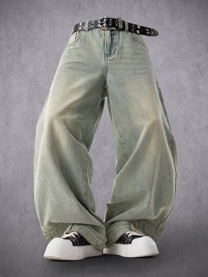 Manfinity Denimwave Calça Jeans Masculina Solta de Perna Larga Lavagem Clara com Desgaste