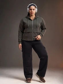 Powerista Women's Plus Size Deep Army Green Loose Drawstring Sports Alternative Baggy Jacket Fall Workout Active Pickleball - Army Green - View 3