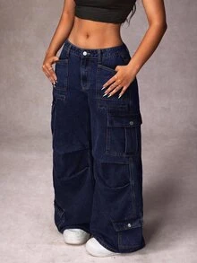 SHEIN Unity Plus Size Streetwear Button Pocket Cargo Denim Jeans - Dark Wash - View 1