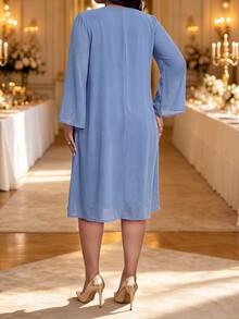 Fleurora Plus Size Elegant Lace Dress And Tulle Cardigan 2 Pieces Set - Blue - View 2