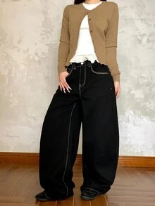 DAZY Women's Loose Casual English Letter Embroidered Korean Style Girl Aesthetic Versatile Jeans - Black - View 6